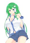  2020 big_breasts blue_eyes bottomwear breasts cleavage clothed clothing female green_hair hair hand_on_breast hi_res human human_only long_hair mammal navel not_furry open_mouth sanae_kochiya simple_background skirt solo t-d touhou video_games white_background 