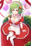  1girl :p alternate_costume apron arm_support balloon bangs bow breasts chocolate cleavage commentary dress enmaided eyebrows_visible_through_hair feet_out_of_frame flower food frilled_apron frilled_shirt_collar frills green_hair hair_between_eyes hair_bow hair_flower hair_ornament holding holding_food kazami_yuuka konnyaku_(yuukachan_51) large_breasts looking_at_viewer maid maid_apron maid_headdress neck_ribbon no_shoes petals pink_flower puffy_short_sleeves puffy_sleeves red_bow red_dress red_eyes ribbon short_dress short_hair short_sleeves sitting smile solo thighhighs tongue tongue_out touhou waist_apron white_apron white_background white_legwear wrist_cuffs yellow_flower yellow_neckwear yellow_ribbon 