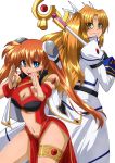  2girls blonde_hair blue_eyes breasts brown_eyes brown_hair china_dress chinese_clothes cleavage cleavage_cutout commentary_request cosplay costume_switch cowboy_shot crossover dress facial_mark forehead_mark galaxy_angel hair_ornament highres long_hair looking_at_viewer lyrical_nanoha mahou_shoujo_lyrical_nanoha_strikers medium_breasts multiple_girls navel navel_cutout open_mouth pose raising_heart ranpha_franboise ranpha_franboise_(cosplay) seiyuu_connection simple_background staff standing takamachi_nanoha takamachi_nanoha_(cosplay) tamura_yukari tappa_(esperanza) thigh_strap twintails two_side_up upper_teeth white_background white_coat 