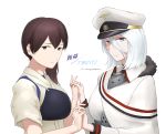  2girls azur_lane blue_eyes brown_eyes brown_hair character_name commentary commission english_commentary greythorn032 hair_between_eyes hat highres holding_hands interlocked_fingers jewelry kaga_(kantai_collection) kantai_collection long_hair looking_at_viewer multiple_girls muneate peaked_cap ring side_ponytail signature simple_background tirpitz_(azur_lane) upper_body wedding_band white_background white_hair 