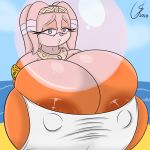  1:1 big_breasts breasts bubble_gum clothing echidna female hi_res huge_breasts hyper hyper_breasts mammal monotreme nipples solo sonic_adventure sonic_the_hedgehog_(series) tikal_the_echidna ultimateshadow 