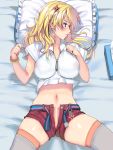  1girl belt blonde_hair blue_eyes bracelet breasts cat_hair_ornament curvy earrings grey_legwear hair_ornament highres jewelry large_breasts long_hair looking_away lying masao on_back open_fly original pillow pink_legwear plump red_shorts revision shirt shorts skindentation solo thighhighs tissue_box white_shirt zipper 