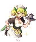  apron blonde_hair bracelet breasts character_name cleavage detached_collar dragon_girl dragon_horns dragon_wings dragonmaid_parla duel_monster fang gold green_hair hair_ornament hairclip holding holding_tray horns hsin jewelry leaning_forward looking_at_viewer low_wings maid_apron maid_dress maid_headdress medium_breasts multicolored_hair neck_ring open_mouth orange_eyes puffy_short_sleeves puffy_sleeves short_sleeves sparkle teapot tray twintails waist_apron white_apron wings wrist_cuffs yuu-gi-ou 