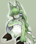  2020 alternate_species anthro black_nose blush bodily_fluids breasts canid clothing covering covering_breasts crying female fur green_body green_eyes green_fur hair hi_res implied_transformation inner_ear_fluff legwear long_hair mammal naturally_censored sanae_kochiya simple_background sitting solo stockings tears toribako touhou tuft video_games 