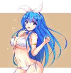  1girl armband bangs bikini blue_eyes blue_hair bow breasts cilfy commentary_request eyebrows_visible_through_hair finger_to_mouth hair_between_eyes hair_bow heart highres large_breasts long_hair looking_at_viewer navel original side-tie_bikini sidelocks simple_background solo swimsuit white_bikini white_bow 