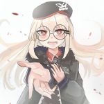  1girl beret black_nails blush fur_trim girls_frontline hand_on_own_chest hat highres jacket long_hair looking_at_viewer misaki150280 open_mouth outstretched_arm red_eyes round_eyewear smile solo type_80_(girls_frontline) 