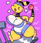  2019 absurd_res ampharos anthro anthrofied areola areola_slip big_breasts bodily_fluids breasts cleavage clothed clothing exercise female hi_res kyaramerucocoa mammal navel nintendo nipple_outline pok&eacute;mon pok&eacute;mon_(species) pok&eacute;morph semi-anthro slightly_chubby solo sweat sweatband treadmill video_games 