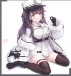  1girl absurdres anchor_symbol azur_lane black_footwear black_gloves black_hair black_panties blush boots breasts coat eicam fur-trimmed_coat fur_trim gloves hat highres jacket large_breasts long_hair long_sleeves looking_at_viewer pamiat_merkuria_(azur_lane) panties purple_eyes red_eyes sitting smile solo thighhighs underboob underwear white_coat white_jacket 