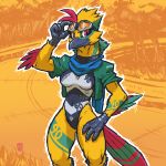  1:1 2019 absurd_res anthro avian beak bird breasts clothed clothing feather_tuft feathers female green_clothing hand_on_hip hi_res looking_at_viewer megawolf77 multicolored_body multicolored_feathers scuted_arms scutes solo tail_feathers tuft 