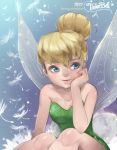  1girl bare_shoulders blonde_hair blue_eyes breasts closed_mouth disney dress fairy fairy_wings green_skirt hair_bun kawacy peter_pan short_hair skirt smile solo tinker_bell_(disney) wings 