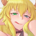  1girl arm_up bikini black_bikini blonde_hair blue_eyes blue_hair choker dragon_horns eyebrows_visible_through_hair face gradient_hair green_eyes green_hair grey_background hair_between_eyes hand_in_hair heterochromia highres horns jefflink kobayashi-san_chi_no_maidragon licking_lips long_hair looking_at_viewer midriff multicolored_hair navel quetzalcoatl_(maidragon) simple_background solo swimsuit tongue tongue_out 