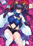  black_hair breasts cellphone heart heart_pillow horns large_breasts leotard long_hair lying ogino_atsuki one_eye_closed original phone pillow pointy_ears sharp_teeth smartphone teeth thighhighs 