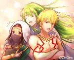  1girl 2boys :o blonde_hair bridal_gauntlets brown_eyes brown_hair closed_eyes commentary_request crossed_arms dress earrings enkidu_(fate/strange_fake) fate/grand_order fate_(series) gilgamesh green_dress green_hair hand_on_another&#039;s_shoulder headband hug hug_from_behind jewelry long_hair multiple_boys necklace nyaa_kitsune red_eyes red_headband short_hair siduri_(fate/grand_order) single_bare_shoulder stone_tablet tattoo twitter_username veil white_hood 