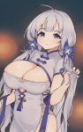  1girl ahoge azur_lane blue_eyes breasts china_dress chinese_clothes cleavage cleavage_cutout covered_navel cowboy_shot dress huge_breasts illustrious_(azur_lane) illustrious_(maiden_lily&#039;s_radiance)_(azur_lane) jorin long_hair looking_at_viewer low_twintails mole mole_under_eye side_slit solo twintails very_long_hair white_dress white_hair 