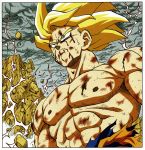  1boy abs arms_at_sides blonde_hair blood blood_from_mouth blood_on_face blue_eyes border close-up closed_mouth cloud cloudy_sky dark_sky destruction dirty dirty_clothes dirty_face dragon_ball dragon_ball_z dust dutch_angle electricity floating_hair frown highres looking_away male_focus mountain muscle nipples official_art outdoors pectorals rock scratches serious shirt sky son_gokuu spiked_hair super_saiyan sweatdrop toriyama_akira torn_clothes torn_shirt upper_body white_border 