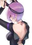  1girl absurdres arms_up back breasts closed_eyes diving_mask diving_suit fate/grand_order fate_(series) from_behind halterneck highres jjeono large_breasts lavender_hair mash_kyrielight parted_lips profile short_hair simple_background solo upper_body water_drop wet wet_clothes wet_hair white_background 