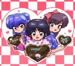  3girls black_hair brown_hair candy chocolate chocolate_heart food green_eyes hair_ribbon hairband heart kuonji_ukyou multiple_girls purple_eyes purple_hair ranma_1/2 ribbon shampoo_(ranma_1/2) tendou_akane valentine wanta_(futoshi) 