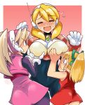  3girls =_= alia_(rockman) angry blue_eyes blush bodysuit breast_envy breasts brooch ciel_(rockman) dress embarrassed empty_eyes flying_sweatdrops framed_breasts gloves groping hair_ribbon highres jewelry large_breasts long_hair multiple_girls nose_blush open_mouth pink_dress ponytail red_dress ribbon robojanai rockman rockman_(classic) rockman_x rockman_zero roll short_hair sleeveless sleeveless_dress sweatdrop two-tone_background white_gloves 
