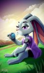  anthro clothed clothing disney female fur grass grey_body grey_fur headphones hi_res judy_hopps lagomorph leporid looking_at_viewer mammal music_player outside purple_eyes rabbit sitting thedevkitten water_bottle zootopia 