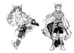  2boys animal_ears bow bowtie bulletproof_vest cu_chulainn_(fate)_(all) cu_chulainn_(fate/grand_order) cu_chulainn_(fate/prototype) dagger dog_ears dog_tail dual_persona fate/grand_order fate/prototype fate_(series) greyscale gun guttia hair_down halftone handgun holster kemonomimi_mode male_focus monochrome multiple_boys ponytail shorts tail thigh_holster weapon younger 