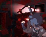  3girls animal_ears arai-san_mansion blood blood_on_face clenched_hands clone commentary_request crowbar cup dark door from_side gaijin_4koma gas_mask giant_otter_(kemono_friends)_(kuro_(kurojill)) grin headlamp holding holding_weapon horiki_masaharu horror_(theme) indoors kemono_friends looking_away looking_to_the_side lucky_beast_(kemono_friends) meme movie_theater multiple_girls open_door open_mouth otter_ears pointing red_eyes silhouette sitting smile squeezing translation_request weapon yellow_sclera 