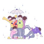  6+boys :3 :d arms_up bad_id bad_pixiv_id blue_hoodie brothers brown_hair cellphone chin_rest closed_mouth d: eye_contact facing_away falling full_body green_hoodie grey_umbrella grin half-closed_eyes hand_in_pocket hand_up happy head_rest heart heart_in_mouth holding holding_cellphone holding_phone holding_umbrella hood hood_down hoodie kicking leaning_forward leg_up long_sleeves looking_at_another looking_away looking_down looking_to_the_side lya_(16335575) male_focus matsuno_choromatsu matsuno_ichimatsu matsuno_juushimatsu matsuno_karamatsu matsuno_osomatsu matsuno_todomatsu multiple_boys one_eye_closed open_hands open_mouth osomatsu-kun osomatsu-san outstretched_arms pants pants_rolled_up phone pink_footwear pink_hoodie purple_footwear purple_hoodie rain raised_eyebrow red_footwear red_hoodie sandals sextuplets shoe_soles shoes shorts siblings simple_background sleeves_past_fingers sleeves_past_wrists slippers smartphone smile squatting standing sweat sweatpants umbrella v-shaped_eyebrows white_background white_legwear wing_collar yellow_footwear yellow_hoodie 