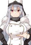  1girl azur_lane bangs blush breast_grab breasts buttons closed_mouth coat coat_dress double-breasted fur-trimmed_coat fur_trim grabbing hair_between_eyes hands_on_hips hat high_collar large_breasts long_hair long_sleeves looking_at_viewer military_hat red_eyes shiseki_hirame silver_hair simple_background solo_focus sovetskaya_rossiya_(azur_lane) white_background white_coat white_headwear 