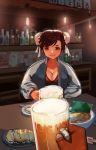  1girl alcohol beer beer_mug breasts bun_cover cameo casual chun-li cleavage double_bun dumpling fingerless_gloves food gloves highres hiroshi_(hiroshixhiss) indoors jacket jiaozi large_breasts looking_at_viewer plunging_neckline pov pov_hands restaurant solo_focus street_fighter track_jacket zangief 