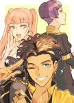  1girl 2boys bangs blunt_bangs bowl_cut braid breasts brown_hair capelet claude_von_riegan cowboy_shot crossed_arms dark_skin earrings epaulettes fire_emblem fire_emblem:_three_houses garreg_mach_monastery_uniform green_background green_eyes grin hand_to_own_mouth hilda_valentine_goneril jewelry long_hair looking_at_another looking_at_viewer looking_back lorenz_hellman_gloucester medium_breasts multiple_boys one_eye_closed pink_eyes pink_hair purple_eyes purple_hair salute short_hair side_braid simple_background smile sparkle teeth twintails two-finger_salute two-tone_background ugonba_(howatoro) upper_body wavy_hair white_background 