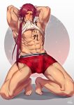  1boy abs blush boxer_briefs bulge chest erection erection_under_clothes highres kunyu long_hair looking_at_viewer male_focus male_underwear mouth_hold navel nipples ponytail self_exposure shirt_lift simple_background solo squatting tattoo tonbokiri_(touken_ranbu) touken_ranbu underwear yellow_eyes 