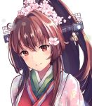 1girl breasts brown_hair cake_no_shaberu cherry_blossoms flower hair_flower hair_ornament highres japanese_clothes kantai_collection long_hair looking_at_viewer ponytail yamato_(kantai_collection) 