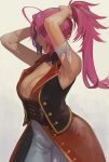  1girl absurdres ahoge armpits arms_up bandaged_arm bandages breasts cleavage commentary_request facial_scar fate/grand_order fate_(series) francis_drake_(fate) from_side green_eyes hair_tie_in_mouth high_ponytail highres large_breasts long_hair looking_down mouth_hold pants pink_hair pirate ponytail red_shirt scar shirt tying_hair washida white_pants 