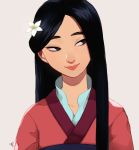  bangs black_hair fa_mulan_(disney) flower hair_flower hair_ornament long_hair mulan pano_(mohayayamai) parted_bangs robe smile 