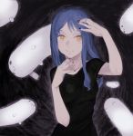  1girl arm_up black_background black_eyes black_nails blue_hair closed_mouth fingernails ghost highres long_fingernails long_hair mashimashi original smile yellow_eyes 