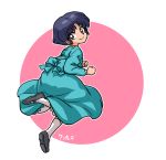  1girl black_footwear black_hair brown_eyes dress looking_at_viewer ranma_1/2 short_hair smile socks tendou_akane wanta_(futoshi) 