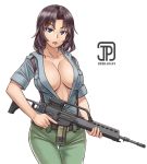  1girl 2020 aoshidan_school_uniform artist_name assault_rifle blue_eyes breast_pocket breasts breasts_apart brown_hair dated el_(girls_und_panzer) girls_und_panzer green_pants gun highres jpc large_breasts no_bra open_clothes open_shirt pants pocket rifle school_uniform short_hair sleeves_rolled_up sling solo thigh_gap weapon weapon_request white_background 