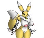  anthro breasts clothing cow_costume cowbell digimon digimon_(species) digital_media_(artwork) female genitals handwear horn nipples pussy randomobliquity_(artist) renamon simple_background solo thick_thighs white_background wide_hips 