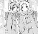  2014 backpack blush breath clothed clothing coat digital_media_(artwork) duo greyscale hair kikurage lagomorph leporid looking_at_viewer mammal monochrome open_mouth rabbit scarf tongue topwear 