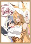  3girls :3 :d animal_ears belt bespectacled blonde_hair blue_shirt border bow bowtie breasts brown_eyes common_raccoon_(kemono_friends) elbow_gloves fang fennec_(kemono_friends) fox_ears from_side glasses gloves gradient_gloves grey_hair hayashi_(l8poushou) high-waist_skirt holding kemono_friends large_breasts long_hair multiple_girls older open_mouth orange_border orange_bow orange_gloves orange_hair pink_shirt raccoon_ears semi-rimless_eyewear serval_(kemono_friends) serval_ears serval_print shirt skirt smile speech_bubble tablet_pc under-rim_eyewear very_long_hair white_gloves white_shirt yellow_eyes yellow_neckwear 