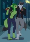  2020 4_toes 5_fingers abs anthro barefoot black_hair black_nose canid canine canis clothed clothing digital_media_(artwork) digitigrade domestic_dog fight_(artist) fingers fox green_eyes green_hair hair hi_res male mammal open_mouth teeth toes tongue 