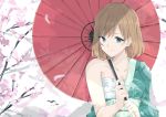  1girl absurdres bangs bare_shoulders breasts brown_hair collarbone commentary_request duffy green_eyes green_kimono highres holding holding_umbrella japanese_clothes kimono looking_at_viewer miyamori_aoi shirobako short_hair small_breasts smile solo umbrella upper_body 