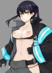  1girl baggy_pants bangs belt bikini bikini_pull black_belt black_bikini black_bikini_top black_coat black_gloves black_hair breasts clenched_hand coat collarbone commentary_request cowboy_shot en&#039;en_no_shouboutai eyebrows_visible_through_hair gloves grey_background grey_pants groin hair_between_eyes hand_on_hip highres hip_vent kurq looking_to_the_side medium_breasts medium_hair midriff navel nipples open_clothes open_coat orange_eyes pants sidelocks simple_background smile solo standing swimsuit tamaki_kotatsu twintails 