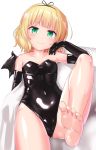  1girl arm_rest ass_visible_through_thighs bare_shoulders black_gloves black_leotard blonde_hair breasts collarbone commentary_request covered_navel demon_wings elbow_gloves eyebrows_visible_through_hair gloves gochuumon_wa_usagi_desu_ka? green_eyes hair_ribbon highres kirima_sharo latex leg_up leotard looking_at_viewer naka ribbon shiny shiny_clothes shiny_skin short_hair simple_background sitting small_breasts smile solo white_background wings 