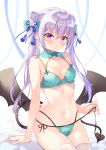  1girl absurdres bangs bare_arms bare_shoulders bikini blush breasts cleavage commentary_request demon_girl demon_tail demon_wings double_bun eyebrows_visible_through_hair green_bikini hair_between_eyes hair_ornament highres long_hair looking_at_viewer navel original pointy_ears pout purple_eyes purple_hair sidelocks siooooono small_breasts solo swimsuit tail thighhighs twintails undressing white_background white_legwear wings 