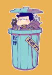  1boy 5plus5 :3 animal_on_shoulder black_cat cat cat_on_shoulder chocolate_chip_cookie cookie esper_nyanko food food_in_mouth half-closed_eyes hood hood_down hoodie in_container jitome looking_away male_focus matsuno_ichimatsu mouth_hold on_head on_shoulder orange_background osomatsu-kun osomatsu-san outline purple_eyes purple_hoodie simple_background smile trash_can white_outline 