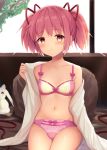  1girl 1other ass_visible_through_thighs blush bow bow_panties bra breasts collarbone couch highres kaname_madoka kkkk12103 kyubey long_hair magia_record:_mahou_shoujo_madoka_magica_gaiden mahou_shoujo_madoka_magica navel no_pants off_shoulder open_clothes open_shirt panties pillow pink_bra pink_eyes pink_hair pink_panties ribbon shirt sitting small_breasts smile thighs twintails underwear white_shirt window 