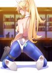  1girl ahoge animal_ears artoria_pendragon_(all) artoria_pendragon_(swimsuit_ruler)_(fate) ass back bangs bare_shoulders blonde_hair blue_legwear blush braid breasts bunny_ears bunny_tail bunnysuit detached_collar fate/grand_order fate_(series) finger_to_mouth fishnet_legwear fishnets french_braid green_eyes high_heels highleg highleg_leotard highres holster index_finger_raised kneeling large_breasts leotard long_hair looking_at_viewer looking_back parted_lips ponytail shiroi_ume shushing smile solo tail thigh_strap thighs tiara white_footwear white_leotard wrist_cuffs zipper 
