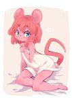  1girl animal_ear_fluff animal_ears bare_shoulders barefoot blue_eyes covering covering_breasts furry highres mouse_ears mouse_girl mouse_girl_(yuuki_(yuyuki000)) mouse_tail naked_towel nude original pink_hair short_hair sitting solo tail towel white_towel yuuki_(yuyuki000) 