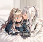  2girls ak-12_(girls_frontline) an-94_(girls_frontline) bangs bed bed_sheet blonde_hair blue_eyes braid closed_mouth french_braid girls_frontline gloves headband high_ponytail long_hair looking_at_another lying multiple_girls on_stomach open_mouth partly_fingerless_gloves pink_eyes sidelocks silence_girl silver_hair tactical_clothes zipper 