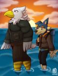  absurd_res accipitrid accipitriform animal_crossing apollo_(animal_crossing) avian bird canid canine canis clothing eagle hi_res male mammal naughtybigdog nintendo sea size_difference sunset video_games walking water wolf wolfgang_(animal_crossing) 